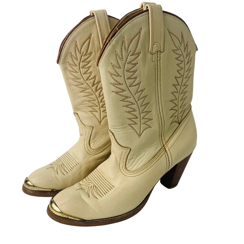 Acme Vintage Western Cowboy Boots Cream Ivory Leather Gold Toe Caps Size 8